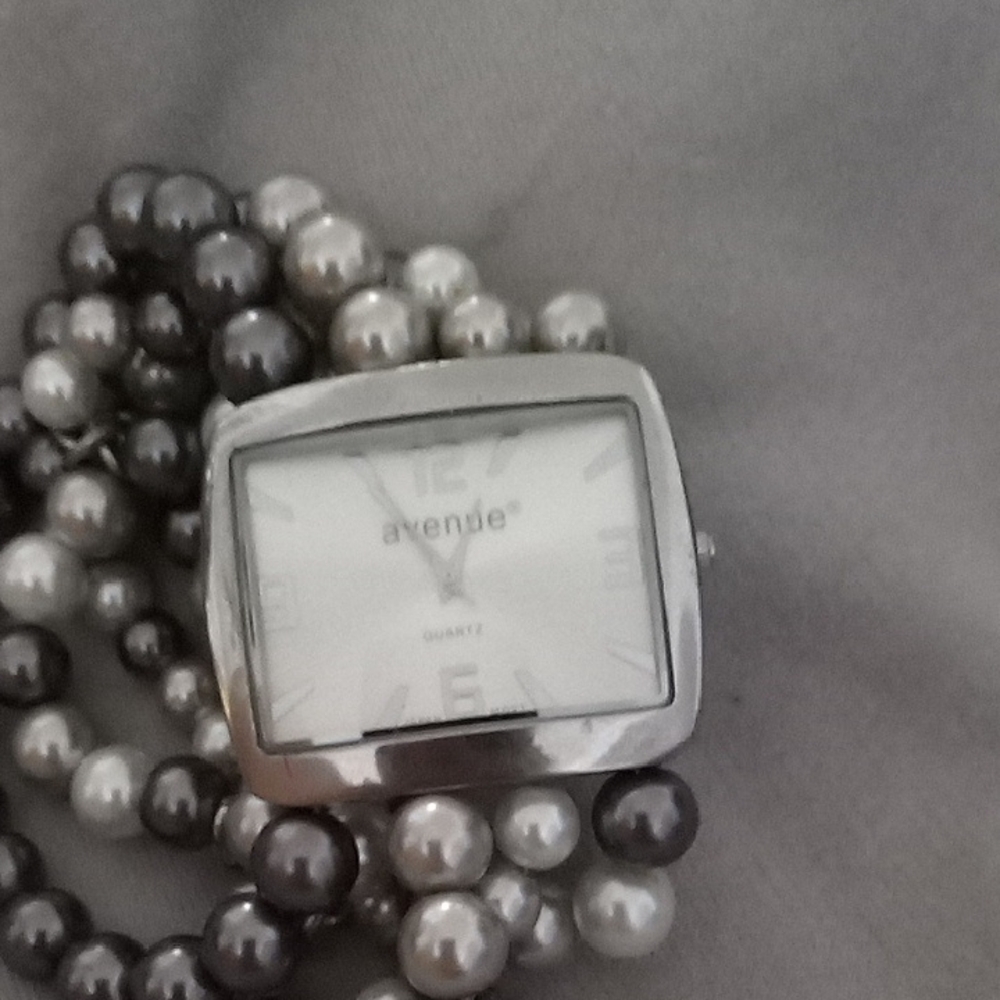 Avenue Silver-Tone Pearl Bead Bracelet Watch